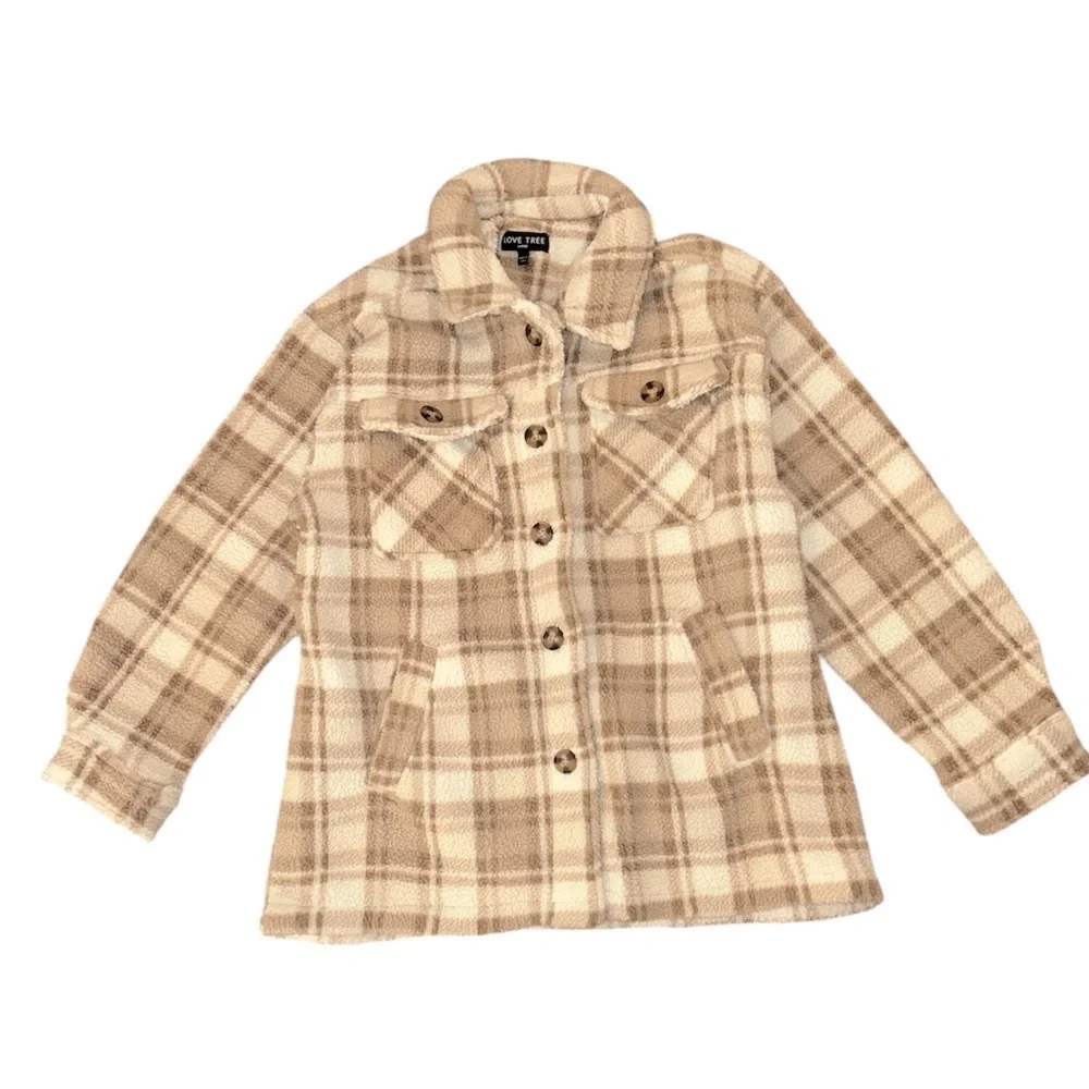 LOVE TREE Beige Plaid Sherpa Womens Shacket